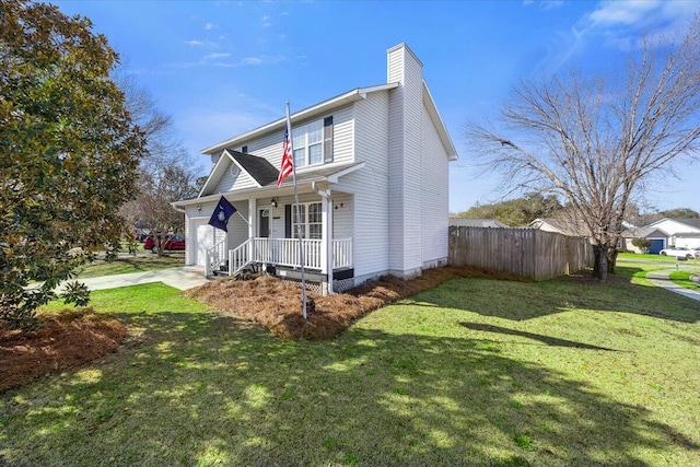 view of front facade with covered porch, a front lawn, a chimney, and fence