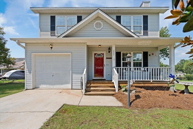 view of front facade featuring a garage and a porch