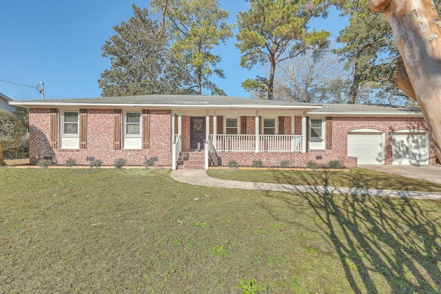 single story home featuring a porch, a front yard, and a garage