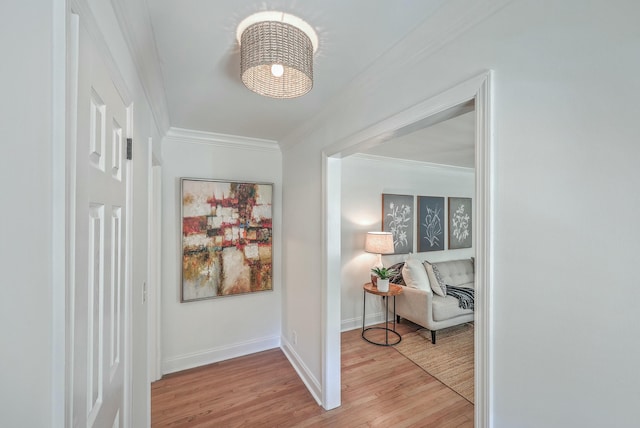 hall with wood-type flooring and crown molding