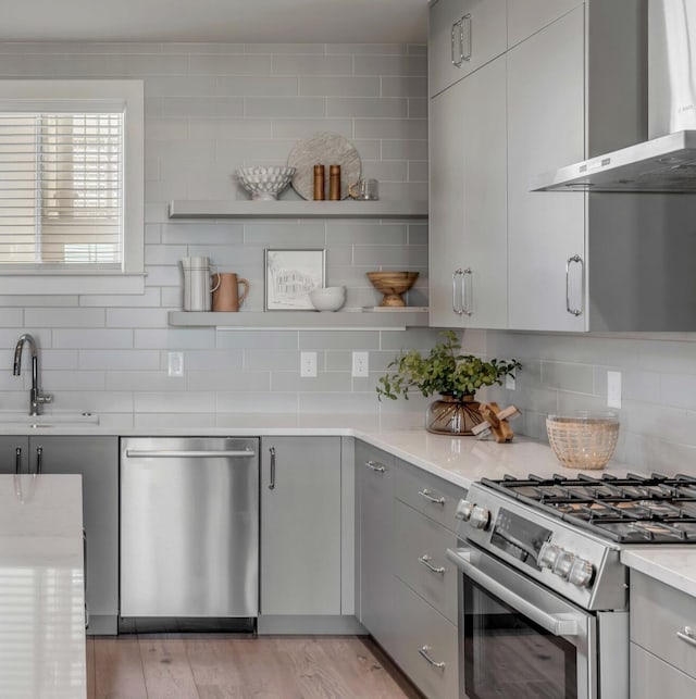 kitchen featuring wall chimney exhaust hood, sink, gray cabinetry, stainless steel appliances, and backsplash