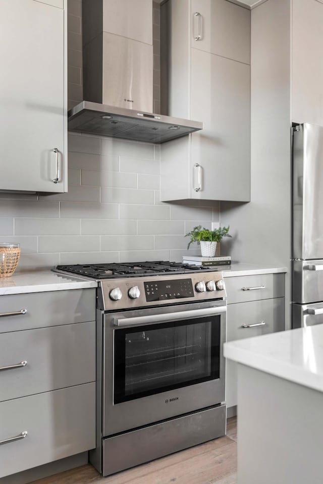 kitchen featuring gray cabinets, appliances with stainless steel finishes, decorative backsplash, light wood-type flooring, and wall chimney exhaust hood