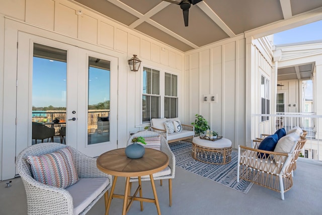 view of patio / terrace featuring an outdoor hangout area, french doors, and ceiling fan