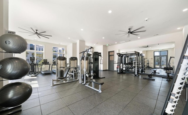 workout area with ceiling fan