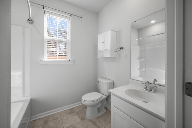 full bathroom with toilet, tile patterned flooring, vanity, and plenty of natural light