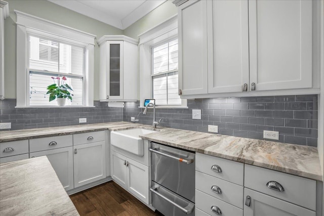 kitchen featuring decorative backsplash, white cabinets, dishwasher, and dark wood-style flooring