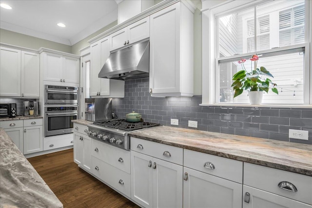 kitchen featuring under cabinet range hood, stainless steel appliances, tasteful backsplash, and white cabinetry