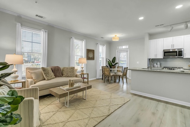 living room with visible vents, light wood-type flooring, a wealth of natural light, and crown molding