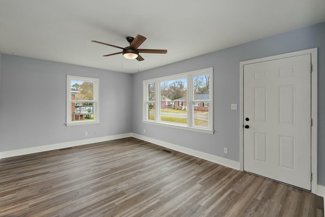 entrance foyer with ceiling fan, hardwood / wood-style floors, and a wealth of natural light