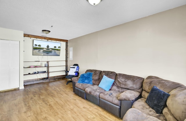 living room featuring a textured ceiling and wood finished floors