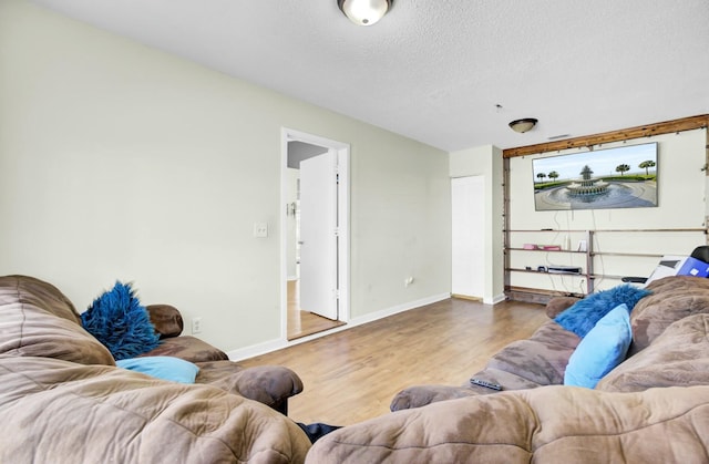 living room with wood finished floors, baseboards, and a textured ceiling