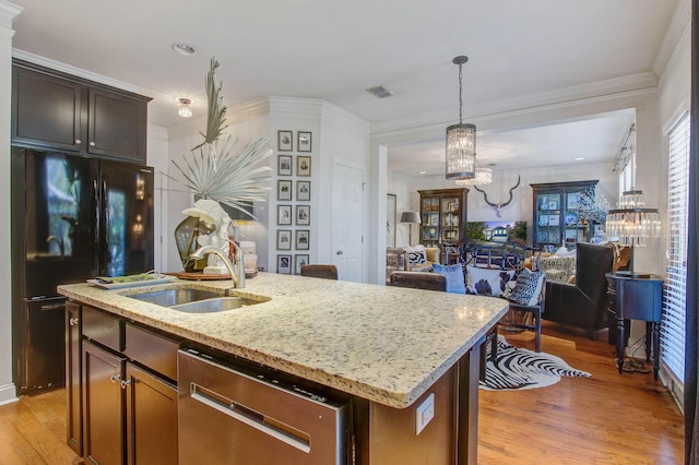 3306 Hartwell St, Johns Island, SC 29455 - kitchen with a sink, dishwasher, a chandelier, freestanding refrigerator, and light wood finished floors