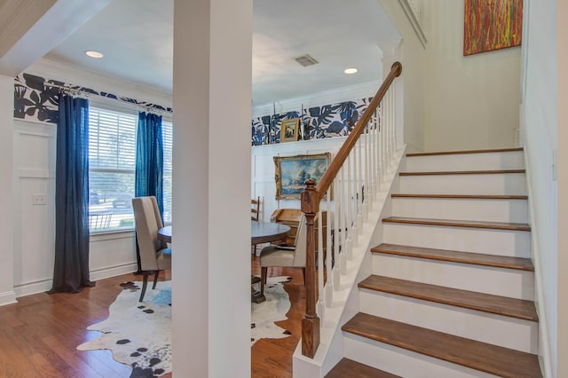 3306 Hartwell St, Johns Island, SC 29455 - stairway featuring crown molding, wood finished floors, baseboards, and recessed lighting