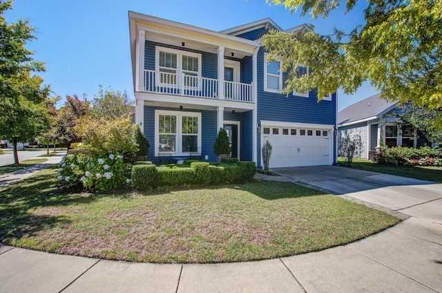 3306 Hartwell St, Johns Island, SC 29455 - view of front of house with a balcony, an attached garage, concrete driveway, and a front yard