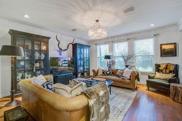 3306 Hartwell St, Johns Island, SC 29455 - living room with ornamental molding, hardwood / wood-style flooring, a chandelier, recessed lighting, and baseboards
