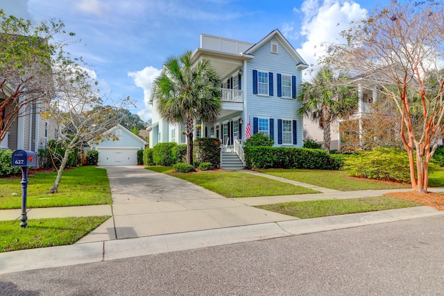 view of front of house featuring a balcony, a garage, a front yard, and an outdoor structure