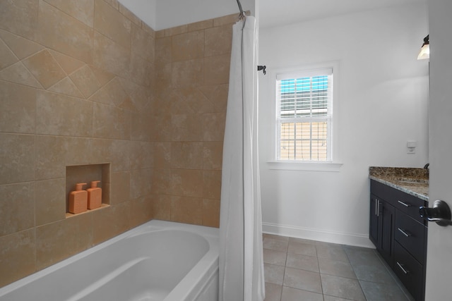 bathroom with vanity, tile patterned floors, and shower / bath combination with curtain