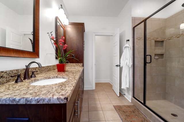 bathroom with vanity, tile patterned floors, and a shower with door