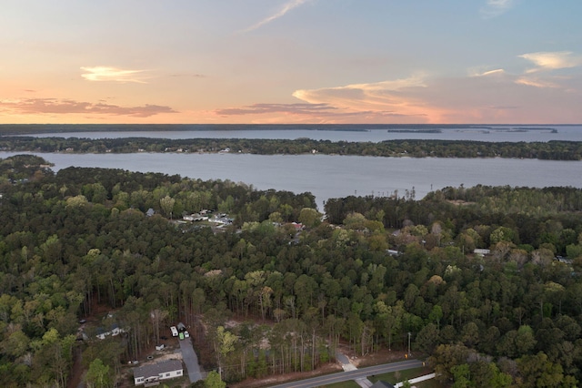 aerial view at dusk featuring a water view