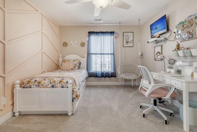 bedroom with light colored carpet and ceiling fan