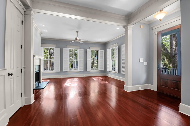 183 Ionsborough St, Mount Pleasant, SC 29464 - foyer entrance with ornamental molding, wood finished floors, a ceiling fan, a premium fireplace, and recessed lighting