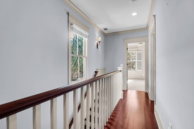 183 Ionsborough St, Mount Pleasant, SC 29464 - hall featuring an upstairs landing, healthy amount of natural light, dark wood-style flooring, ornamental molding, and recessed lighting