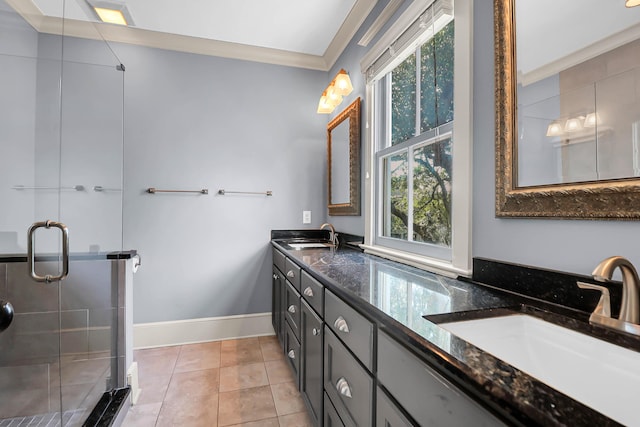 183 Ionsborough St, Mount Pleasant, SC 29464 - full bathroom featuring healthy amount of natural light, double vanity, a stall shower, tile patterned flooring, and crown molding