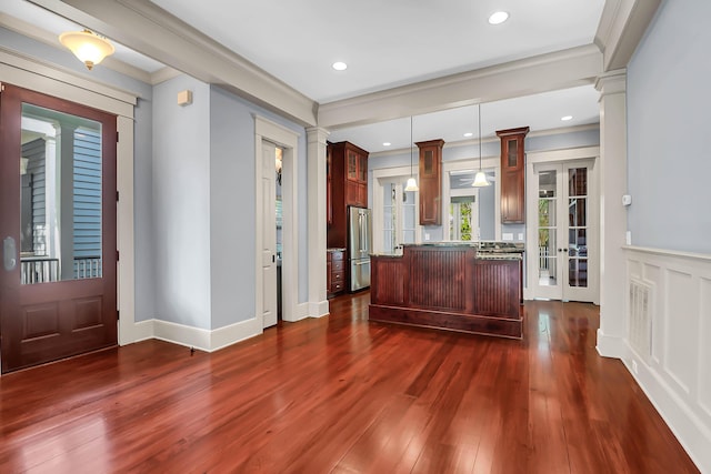 183 Ionsborough St, Mount Pleasant, SC 29464 - entryway with dark wood-style floors, ornamental molding, french doors, and decorative columns
