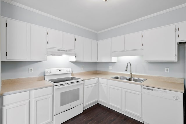 7813 Sandida Ct, North Charleston, SC 29418 - kitchen featuring white appliances, a sink, under cabinet range hood, dark wood-style flooring, and ornamental molding