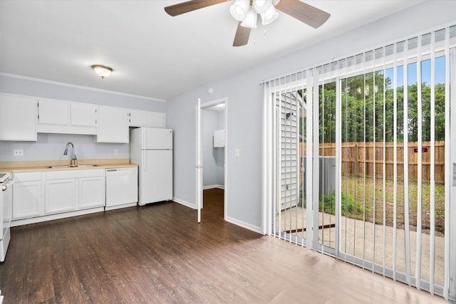 7813 Sandida Ct, North Charleston, SC 29418 - kitchen with white appliances, a sink, dark wood-style flooring, ceiling fan, and light countertops