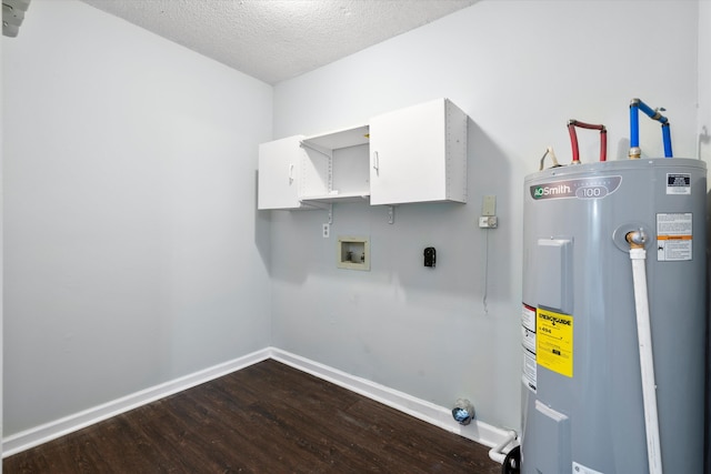 7813 Sandida Ct, North Charleston, SC 29418 - laundry room with water heater, hookup for an electric dryer, dark wood-type flooring, washer hookup, and baseboards