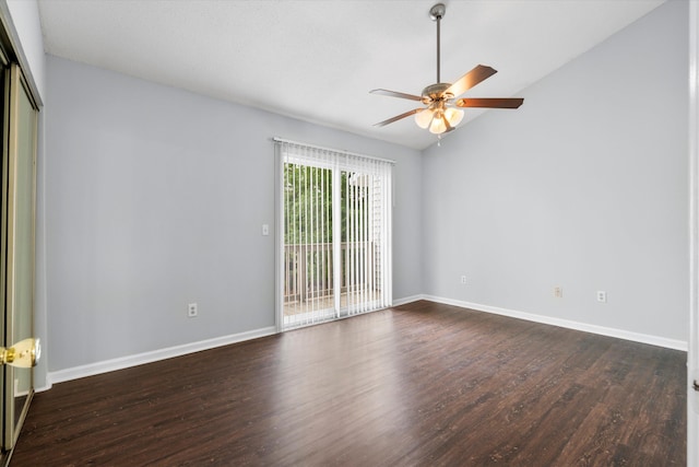 7813 Sandida Ct, North Charleston, SC 29418 - empty room with ceiling fan, dark wood finished floors, baseboards, and vaulted ceiling