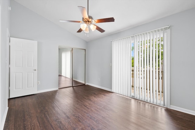 7813 Sandida Ct, North Charleston, SC 29418 - unfurnished bedroom featuring wood finished floors, baseboards, a closet, vaulted ceiling, and access to exterior