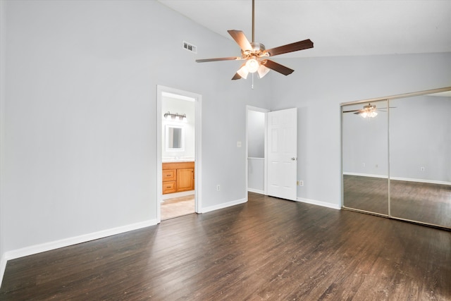 7813 Sandida Ct, North Charleston, SC 29418 - unfurnished bedroom featuring high vaulted ceiling, wood finished floors, a closet, baseboards, and a ceiling fan