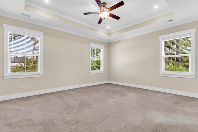 carpeted spare room with ceiling fan and a tray ceiling