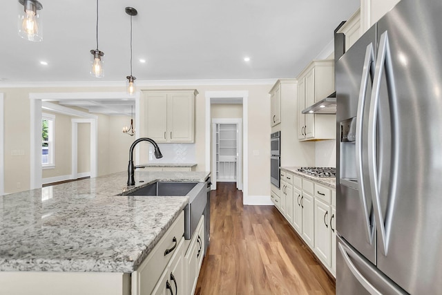 kitchen with appliances with stainless steel finishes, a kitchen island with sink, hanging light fixtures, light stone counters, and wood-type flooring