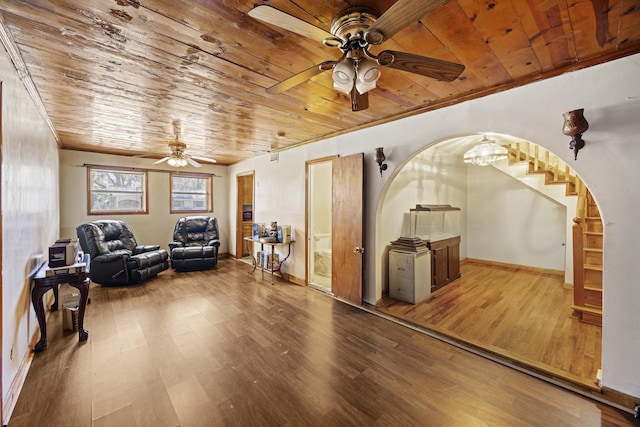 sitting room featuring wooden ceiling, hardwood / wood-style floors, and ceiling fan