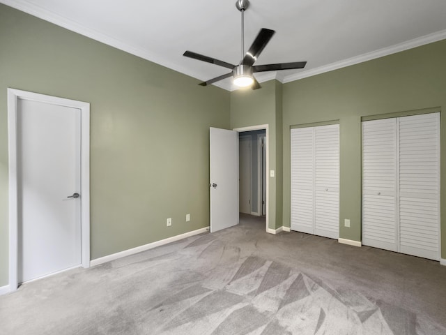 10 Stallion Ct, Charleston, SC 29407 - unfurnished bedroom with two closets, carpet flooring, ornamental molding, and a ceiling fan