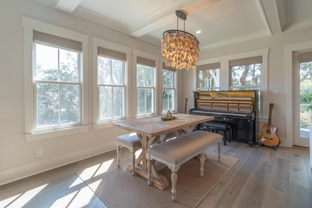 dining room featuring plenty of natural light, beamed ceiling, and wood finished floors