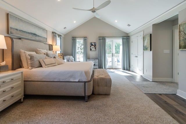 bedroom with access to exterior, dark wood-style floors, visible vents, a ceiling fan, and baseboards