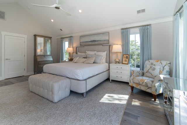 bedroom with recessed lighting, visible vents, ceiling fan, wood finished floors, and high vaulted ceiling