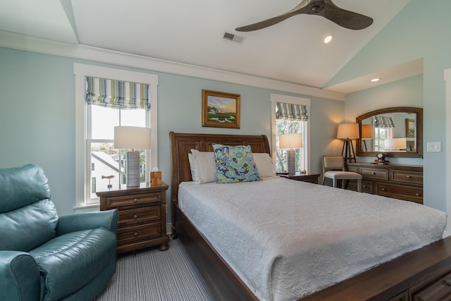 bedroom featuring lofted ceiling, visible vents, ceiling fan, and recessed lighting