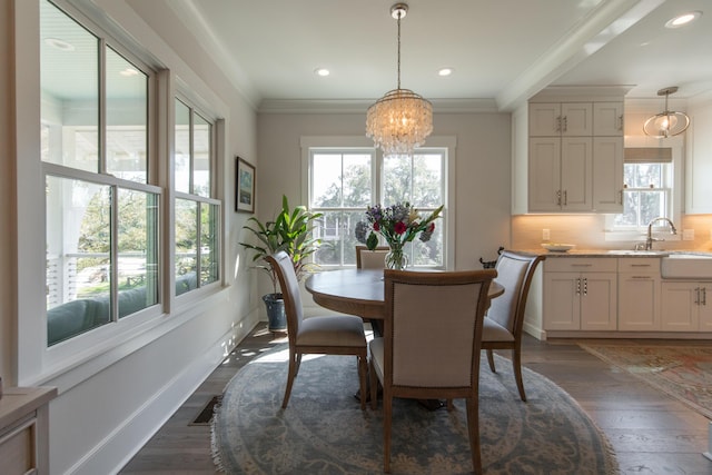 dining space featuring plenty of natural light, ornamental molding, dark wood-type flooring, and recessed lighting