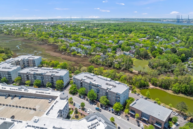 drone / aerial view with a water view