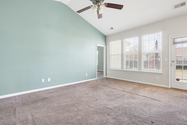 unfurnished room featuring visible vents, carpet floors, baseboards, and ceiling fan