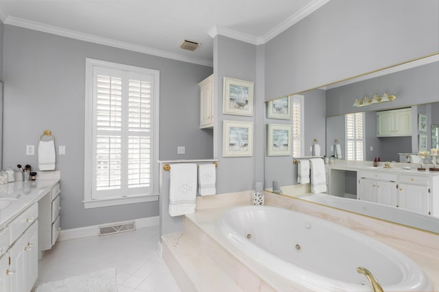 bathroom featuring crown molding, plenty of natural light, visible vents, and a whirlpool tub