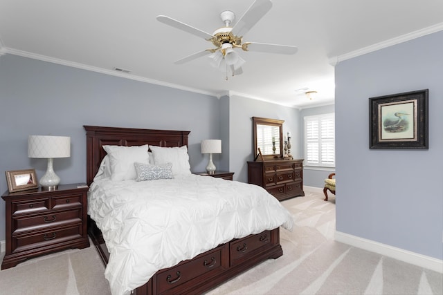 bedroom featuring visible vents, baseboards, light colored carpet, ornamental molding, and a ceiling fan