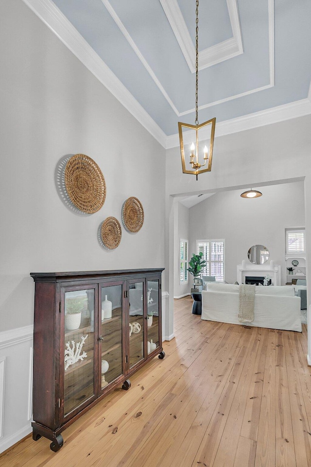 interior space with ornamental molding, a raised ceiling, and hardwood / wood-style flooring