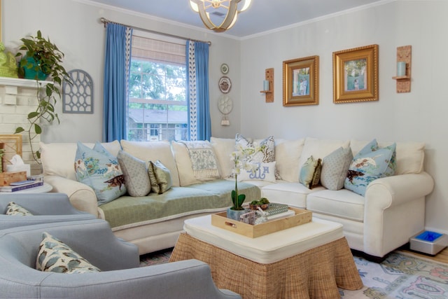 10 Teaneck Rd, Goose Creek, SC 29445 - living room featuring a chandelier, ornamental molding, and wood finished floors