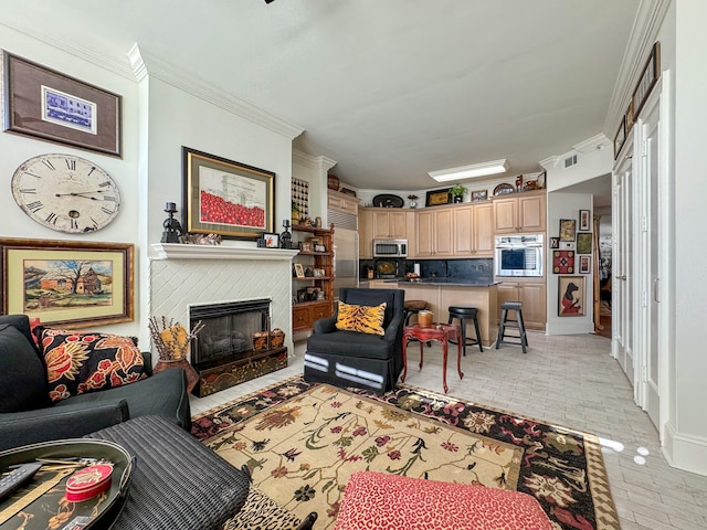 living room with crown molding